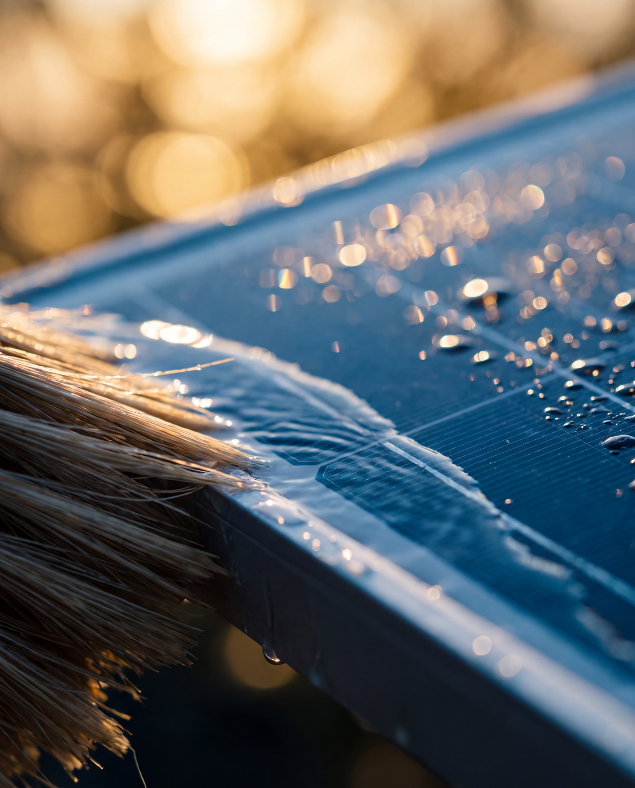 Close detail of cleaning a solar panel