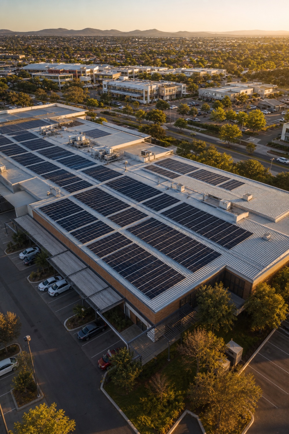 Commercial solar installation at golden hour