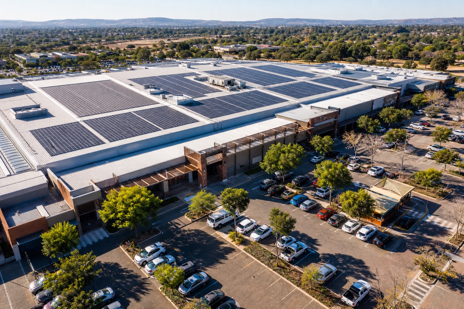Large commercial solar installation viewed from above