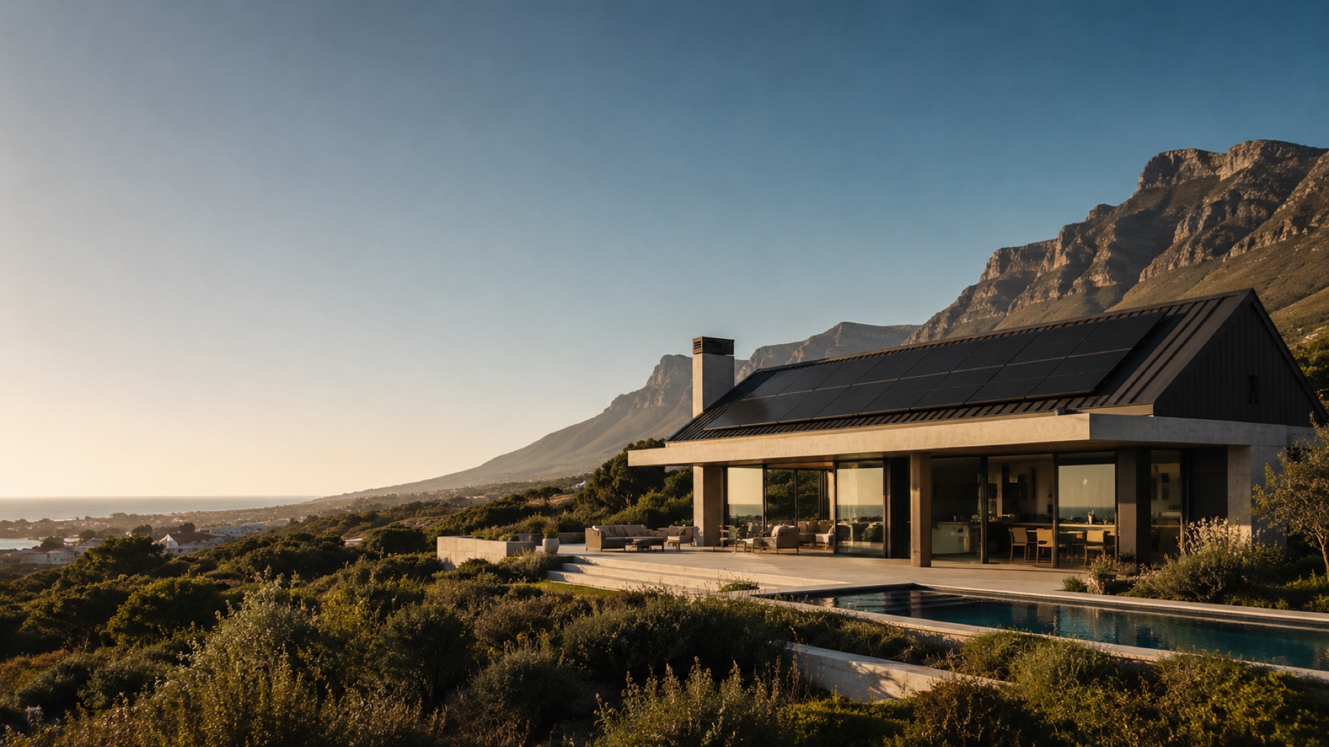 Solar-panelled home beneath the mountains at sunrise