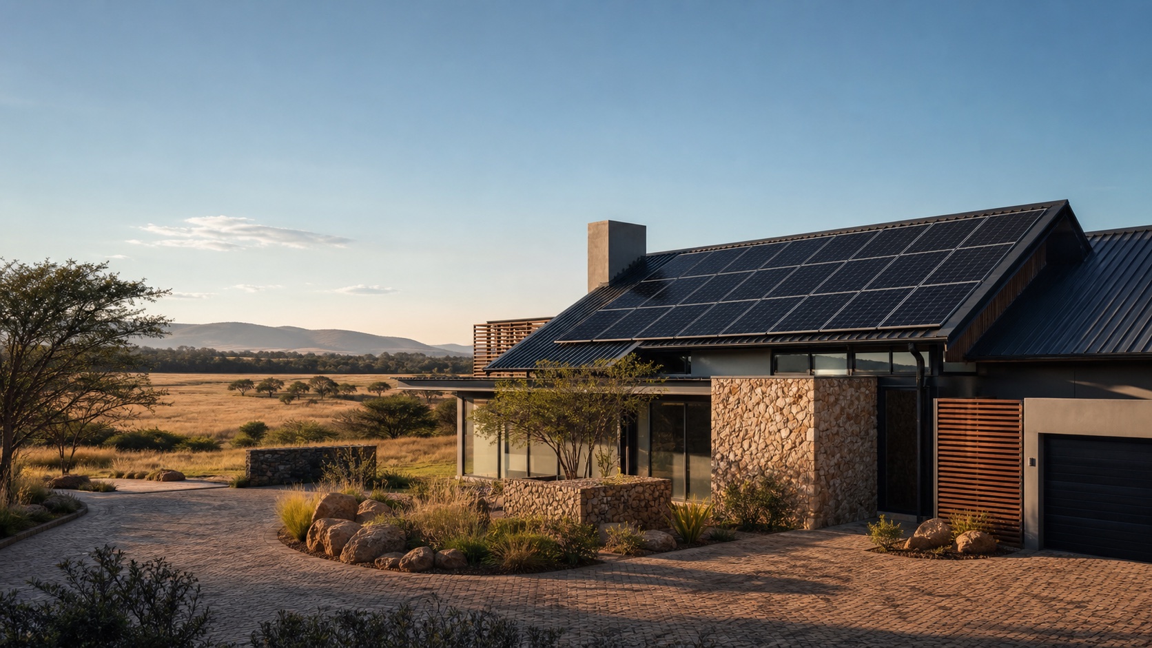 Solar-panelled home in the South African landscape