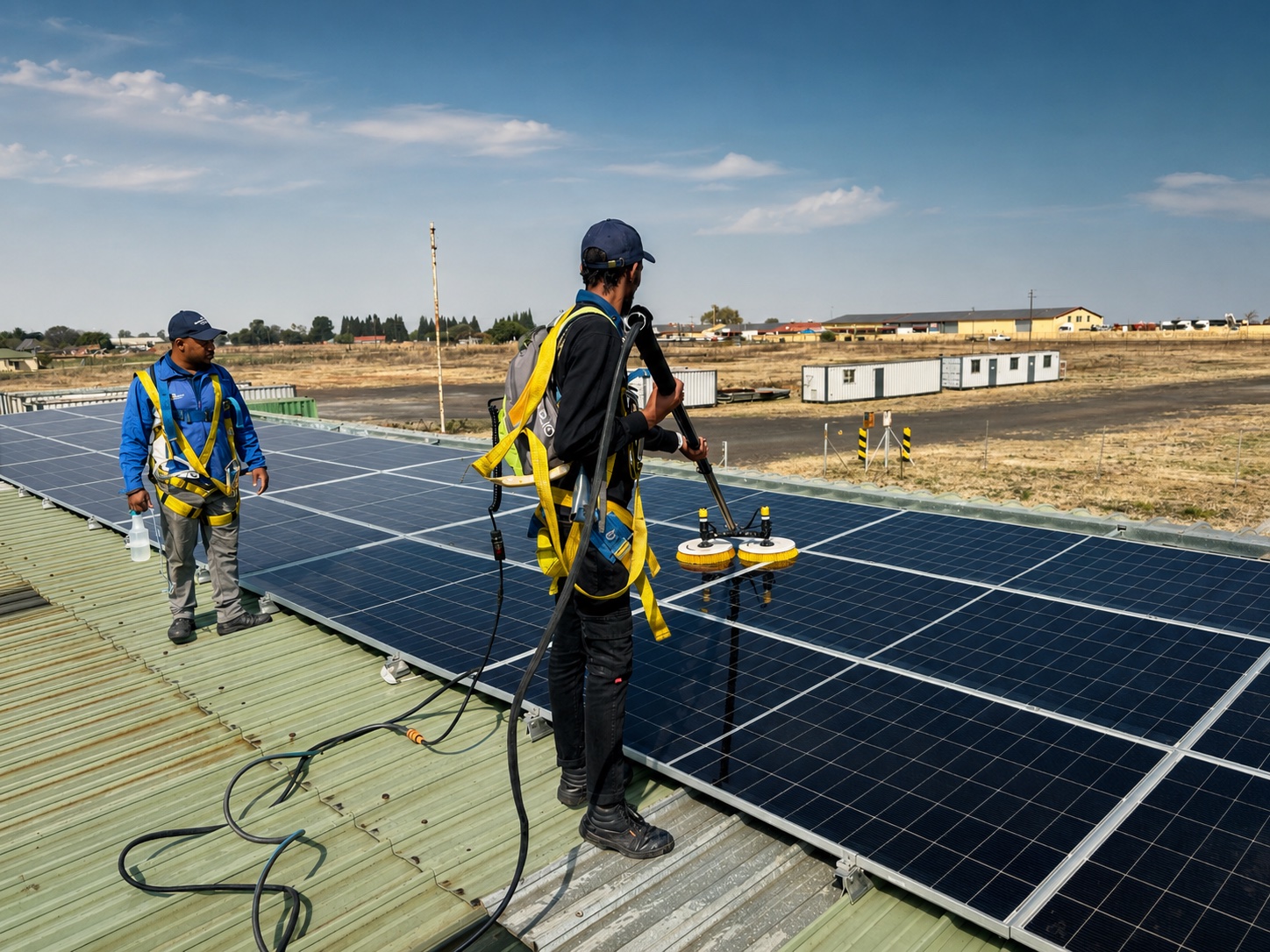 Solar care professionals preparing equipment on site