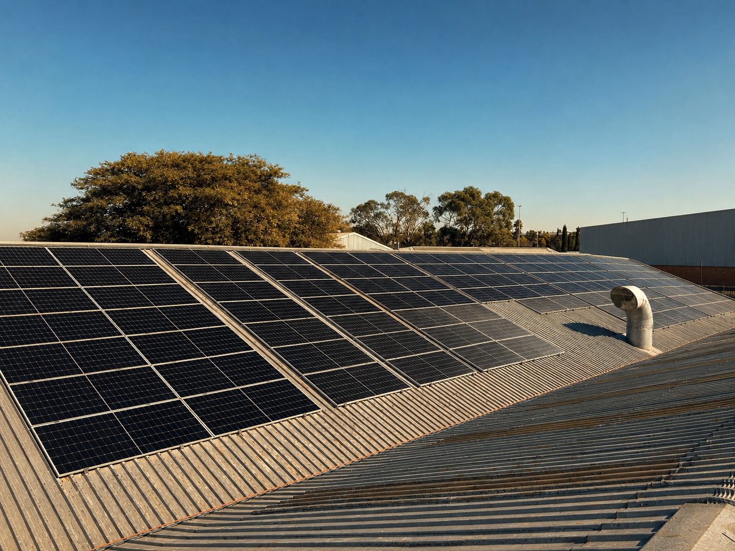 Rooftop solar panels in warm afternoon light