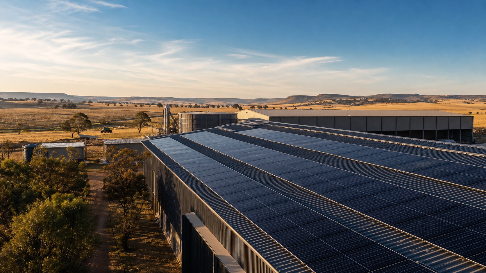 Large commercial solar array at sunset