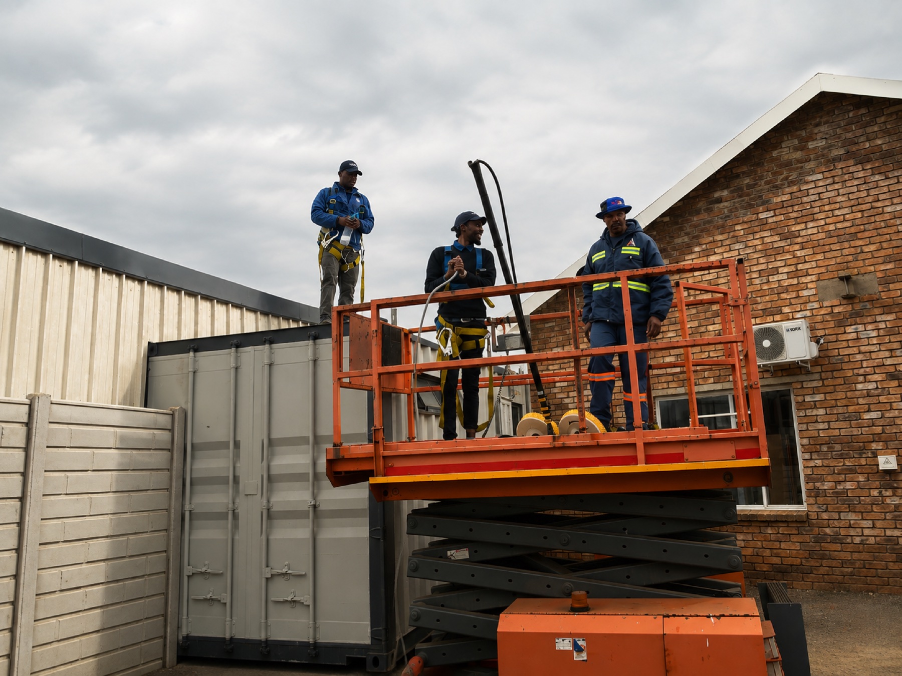 Solar care team using a lift to access the roof